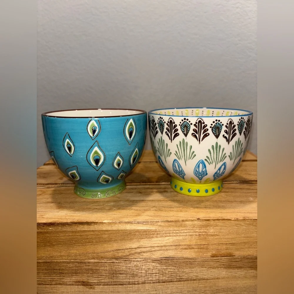Set of 2 Pier 1 Imports Dolomite Ellie Peacock Hand Painted Footed Mugs 16oz